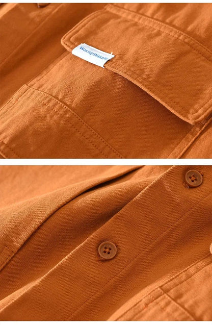 Cargo Shirt Men Spring Autumn Double Pocket Long Sleeve Shirts Male Casual Pure Cotton Orange Shirt Japanese Fashion Loose Shirt