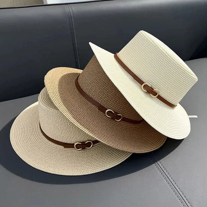 Simple Straw Summer Women Beach Hat Female Casual Panama Hat Women Flat Brim Bowknot Straw Cap Girls Sun Hat
