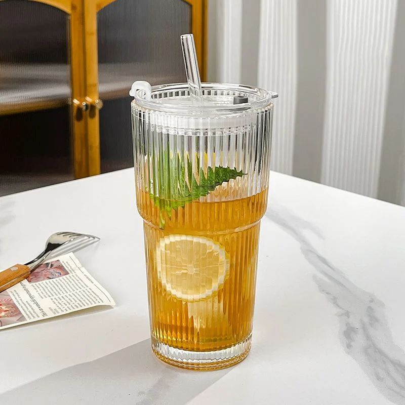 Copo de Café de Vidro Listrado 600ML com Tampa e Canudo Copos Transparentes para Suco Leite Chá Canecas de Café Gelado Utensílios para Beber