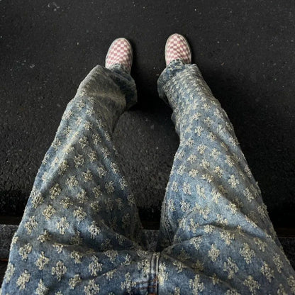 Calça Jeans Masculina Slim Reta Hiphop Estilo Europeu e Americano de Grife Jacquard Estampa Full Print Trendy de Rua