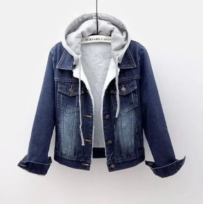 Women Denim Coat Hooded Single Breasted Button Jackets Hooded Patchwork Outerwear Cardigan Solid Pockets Streetwear Warm