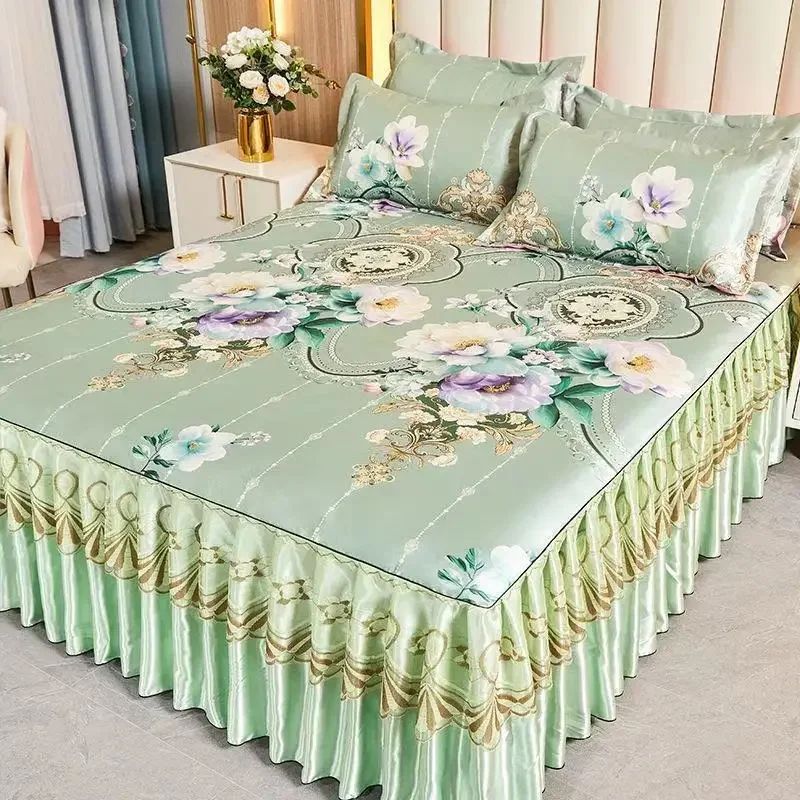 Kit 3 Peças de Lençol de Casal com Renda Clássica Azul Royal, Saia para Cama, Colcha de Casamento Lavável à Máquina, Capa de Colchão