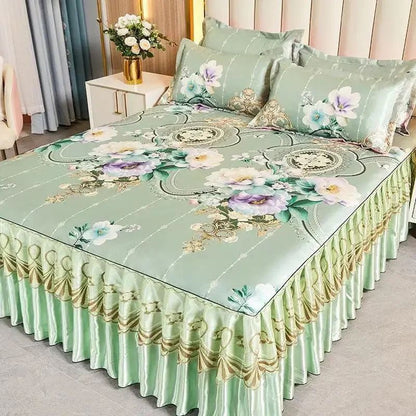 Kit 3 Peças de Lençol de Casal com Renda Clássica Azul Royal, Saia para Cama, Colcha de Casamento Lavável à Máquina, Capa de Colchão