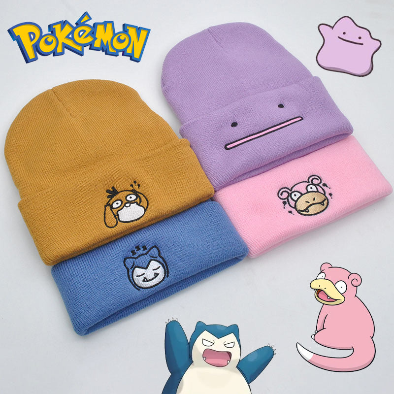 Pokemon Snorlax Ditto Psyduck Gorros Femininos de Inverno Quentes Chapéu Anime Cor Sólida Boné Engraçado Bordado para Homens Touca de Malha Unissex