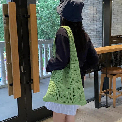 Knitted Shoulder Bag for Women's Leisure Commuting Hollowed Out Large Capacity Woven Handbag