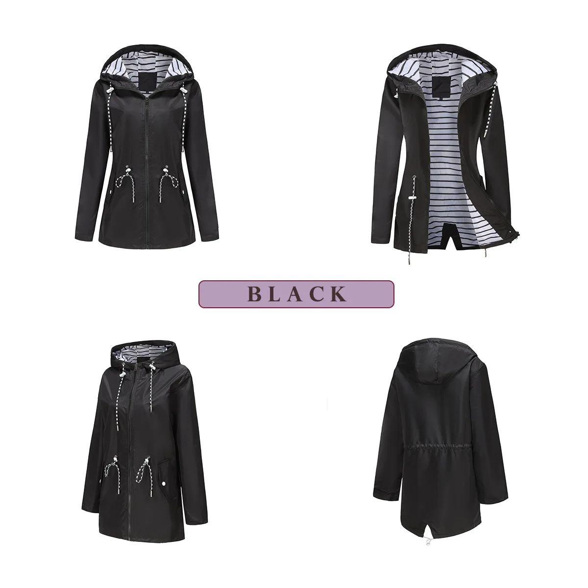 Blue Waterproof Hooded Jacket Women Fashion Casual Coat Waist Drawstring Tie Zipper Switch Red Green Yellow Black Windbreaker