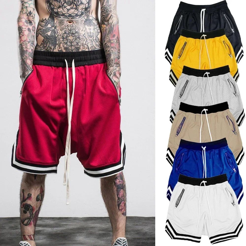 2025 Summer New Quick drying Breathable Zipper Drawstring Pocket Five point Shorts for Men's Sports Running Large Beach Pants