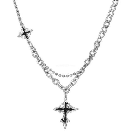 Y2K Grunge Hip Hop Halloween Joias Acessórios Punk Metal Cruz Costas Pingente Corrente Prateada Colar para Mulheres Homens 1unidade
