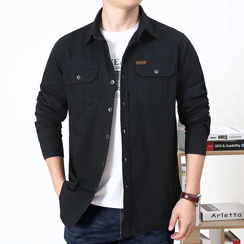 2024 Men's Solid Cotton Military Shirts Long Sleeve Multi-pocket Cargo Tactical Shirt Male Casual Lapel Blouses Camisa Masculina