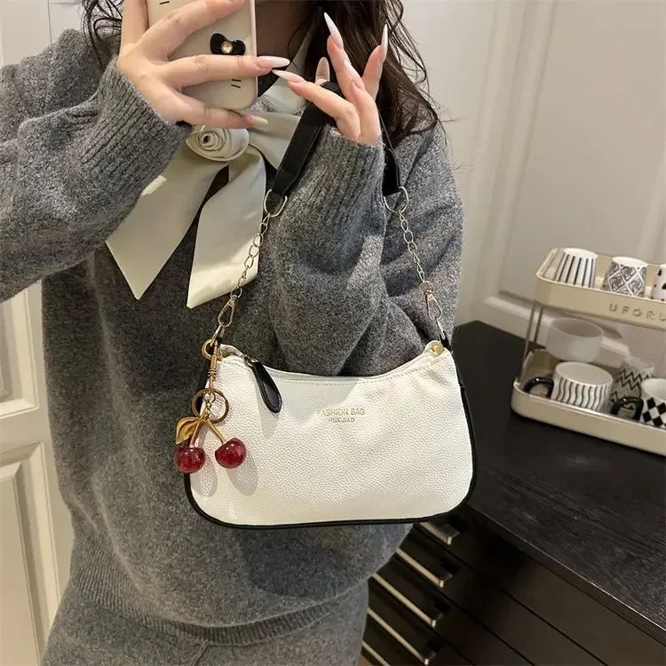 Cherry Pedant Shoulder Underarm Bag Women's Fashion Handbags Causal Hobos Purses Ladies Hand Bags Pu Leather for Work Travel