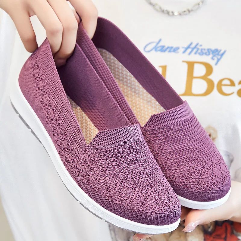 Spring Summer Breathable Knitted Flats for Women 2025 Comfortable Slip On Mom Shoes Woman Slip On Non Slip Casual Sneaker Female