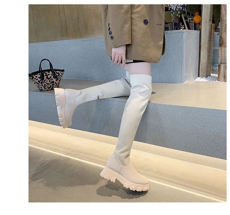 Women's Solid Color Chunky Heel Boots, Stylish Side Zipper Over The Knee Boots, Fashion Platform Long Boots