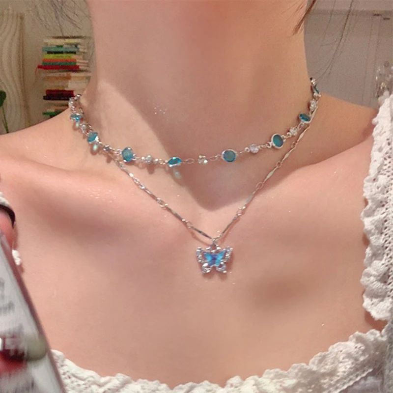 LATS Colar Feminino de Borboleta Cristal Azul Romântico Simples Brilhante Zircônia Camada Dupla Gargantilha Corrente Clavícula Nova Joia Fina
