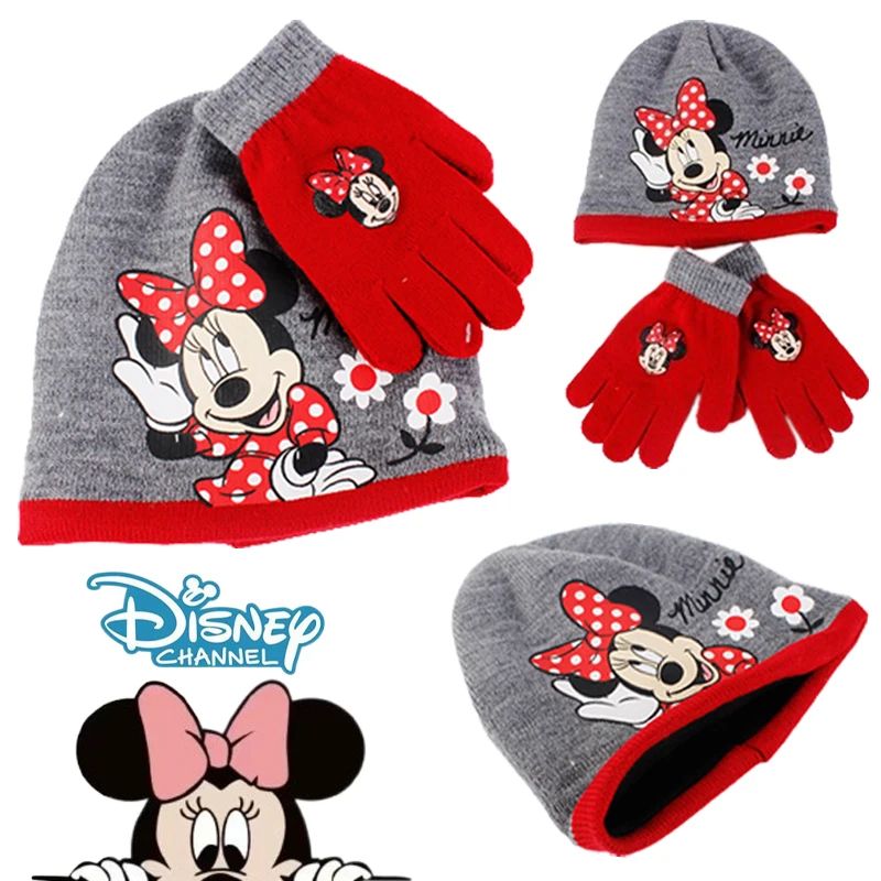 Disney Minnie Mouse Conjunto de Luvas e Gorro de Tricô Desenho Animado Infantil Doce Touca Menina Gorro Gorrinho Menina Acessórios Quentes de Inverno ao Ar Livre