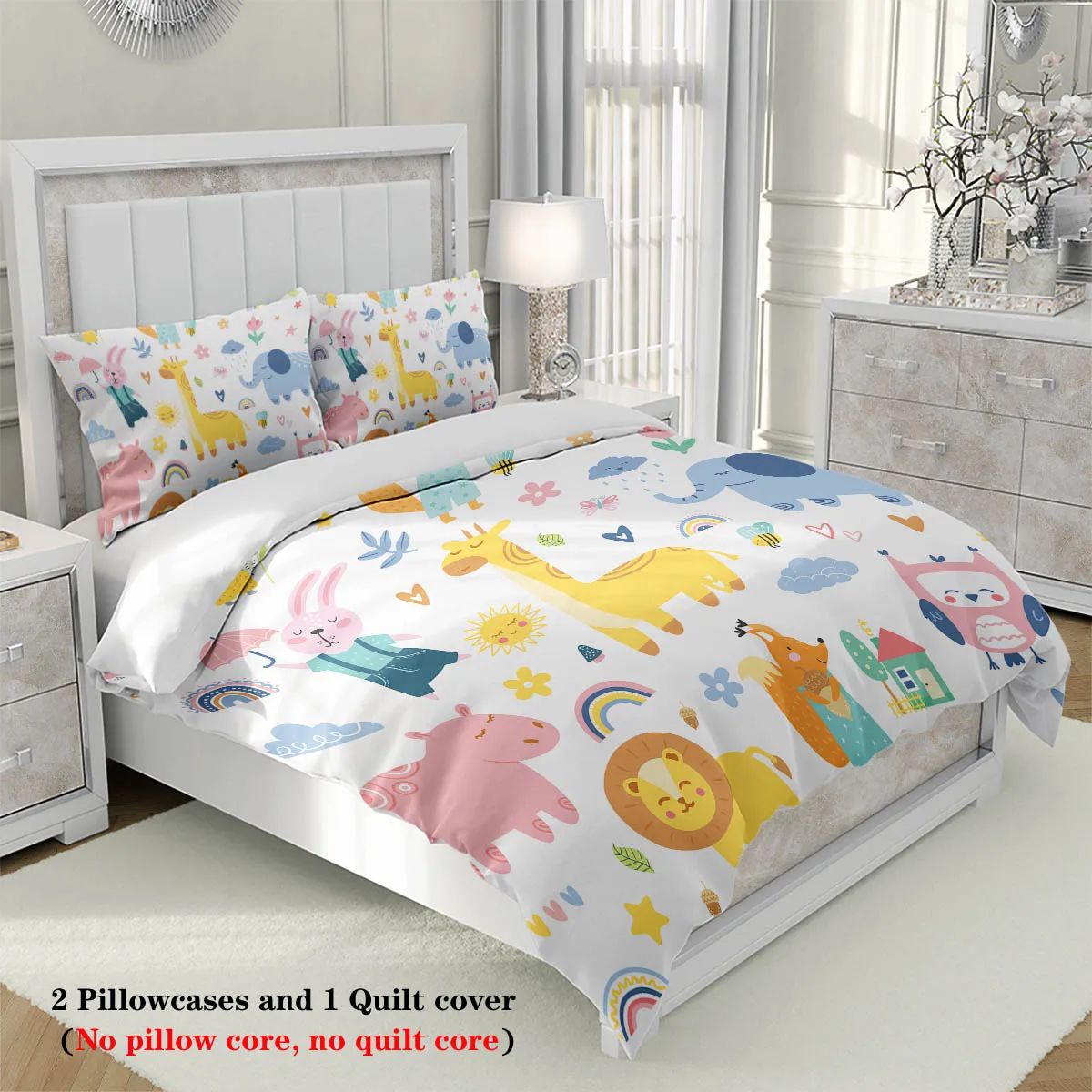 3pcs Cartoon Animal Park Theme Printed BeddingSet,For Bedroom, Guest Room (1*Duvet Cover + 2*Pillowcase, NO Core)