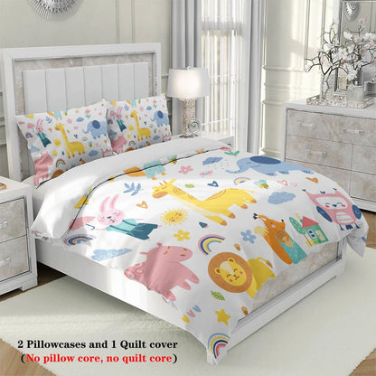 3pcs Cartoon Animal Park Theme Printed BeddingSet,For Bedroom, Guest Room (1*Duvet Cover + 2*Pillowcase, NO Core)