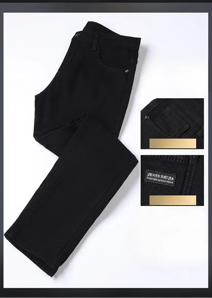Calça Jeans Masculina Forrada de Lã para Inverno, Reta, Elástica, Preta, de Veludo Grosso, Quente, Casual, Masculina, Tamanhos Grandes