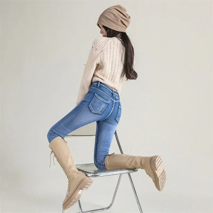 Winter Women Chic Fleece Thermal High Waist Jeans Lady Snow Warm Plush Denim Pants Girls Classic Fashion Straight Leg Trousers