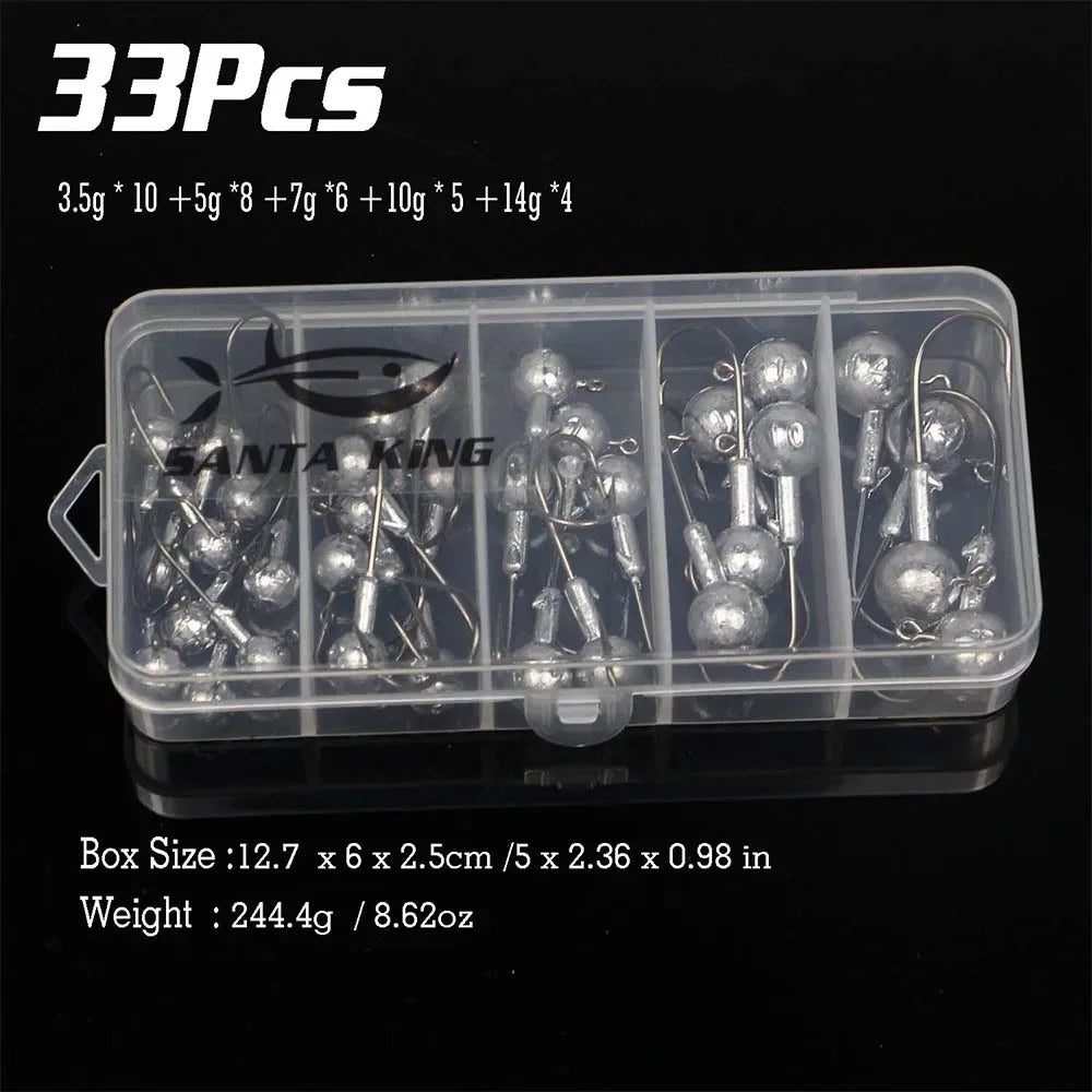 SantaKing 33/70Pcs Jig Heads Fishing Hooks Crappie Jigs Unpainted Jig Heads Round Ball Sharp Fishing Jigs Hooks