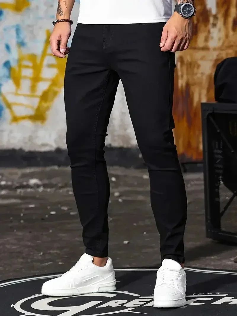 Calça Jeans Masculina Skinny Stretch Cores Sólidas Preto Azul Primavera Luxo Rua Harajuku Hip-Hop Calças Justas Marca