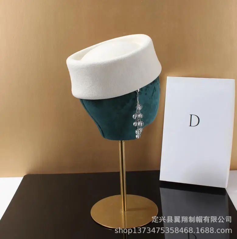 Autumn Winter Women Wool Fedoras Hats Elegant French Hard Top Concave Top Felt Berets Hat  Wedding Fascinator Party Pillbox Cap