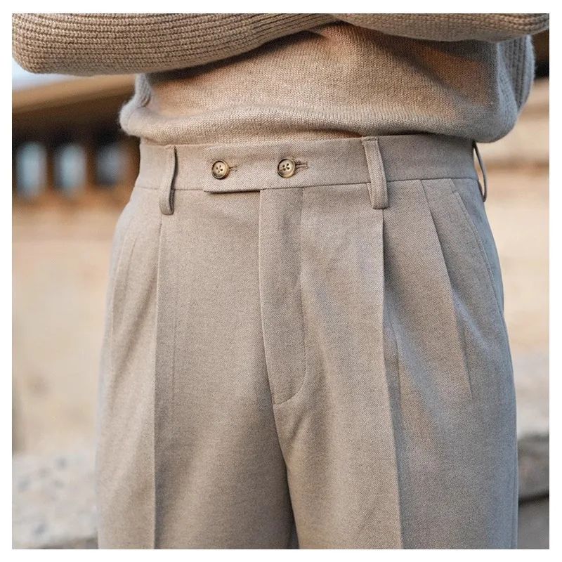 Men's Neapolitan High Waist Autumn Winter Woolen Trousers Straight Leg Drapey No Iron Business Pants Casual Scene