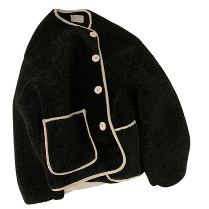 New Winter Loose Short Thickened Lamb Fur Jacket Simple Style Small Size Elegant Top Polyester Fiber Full Sleeve Coat