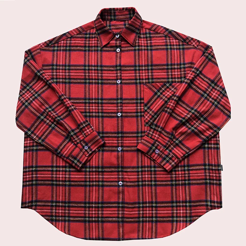 Scottish Red Plaid Shirt Luxury Hong Kong Style Vintage Loose Fit Women's Button up Shirt Polo Collar Full Sleeve Slim Fit