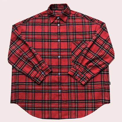 Scottish Red Plaid Shirt Luxury Hong Kong Style Vintage Loose Fit Women's Button up Shirt Polo Collar Full Sleeve Slim Fit