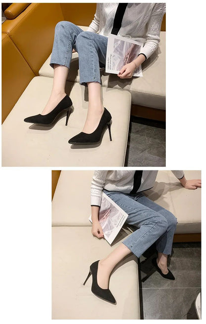 Primavera e outono novos sapatos femininos de salto alto preto, boca rasa pontiaguda fina com temperamento sexy, sapatos únicos, Zapatos De Mujer
