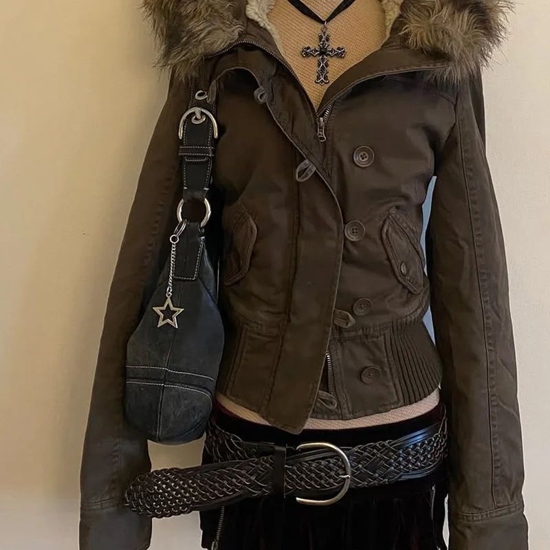 American style removable fur sweater hooded jacket Y2K women's fall and winter new retro casual slim waist waist short jacket