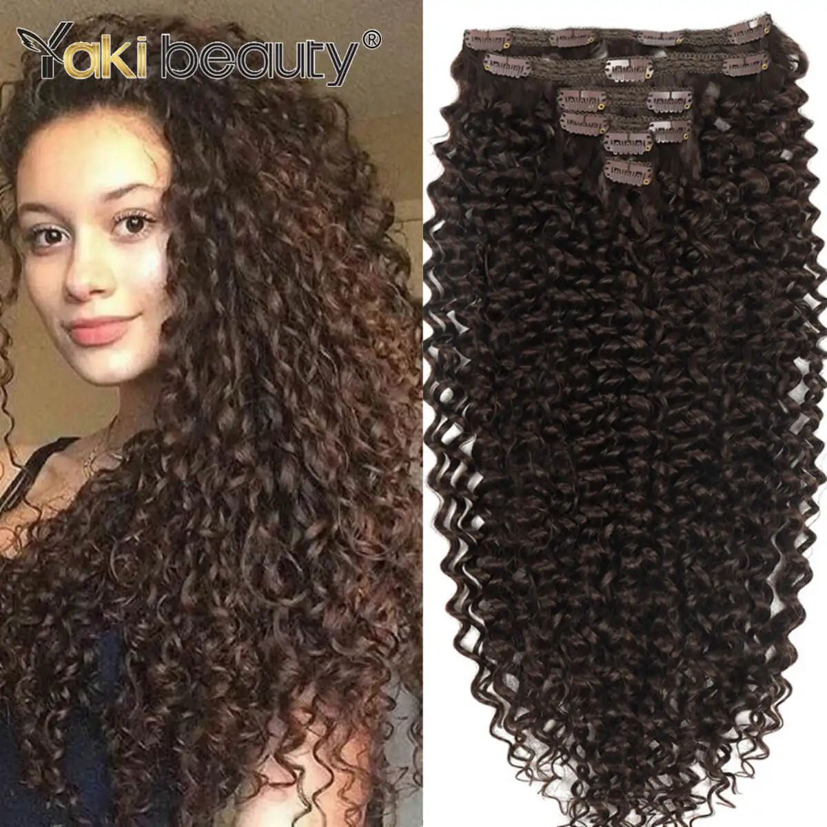 Apliques de Cabelo Cacheado 26'' Trama Dupla 6 Peças/Conjunto Clip-In Cabeça Completa Orgânico Seda Gelo Preto/Marrom 160g