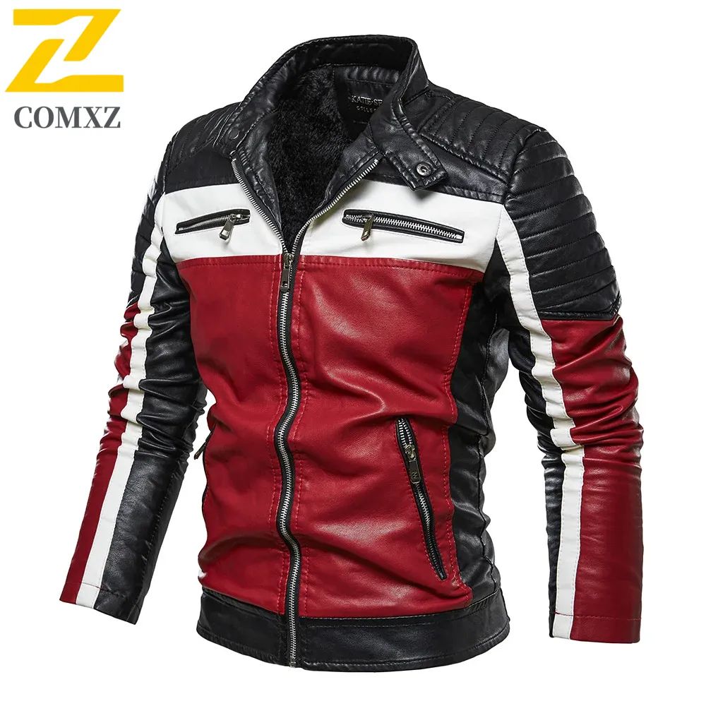 Men Yellow PU Leather Jacket Patchwork Biker Jackets  Casual Zipper Coat Male Motorcycle Jacket Slim Fit Fur Lined Outwear Coat