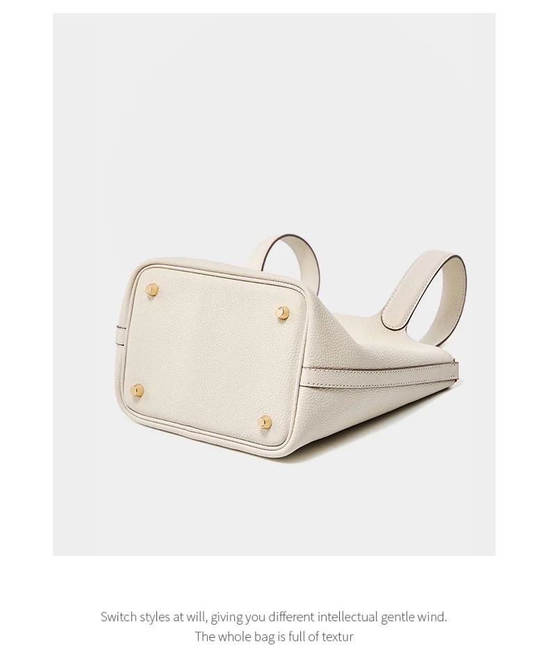 Genuine Leather Shoulder Bucket Bag Women Litchi Pattern Mini Basket Tote Soft Handbag Mommy Bride Wedding Bags with Lock