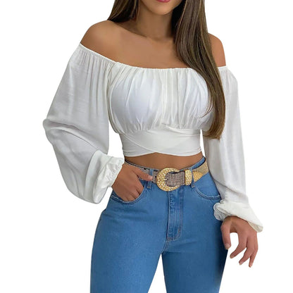 Women Sexy Off Shoulder Long Sleeve Top Self Tie Knot Crop Top Blouse Solid Color WoMen's Blouses Y2k Female Summer Shirts ????