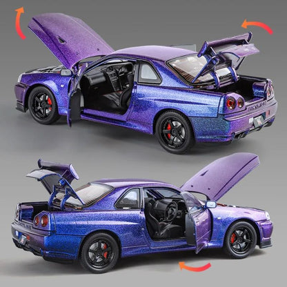 1/24 Nissan Skyline GTR-R34 Velozes e Furiosos Modelo de Carro em Liga Leve com Luz e Som Miniatura Colecionável Veículo de Brinquedo para Meninos