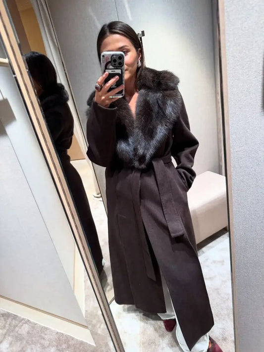 Solid Fur Collar Woolen Maxi Coat Women Fashion Lapel Full Sleeve Lace Up Pocket Loose Long Jacket Lady Autumn Daily Street Wear