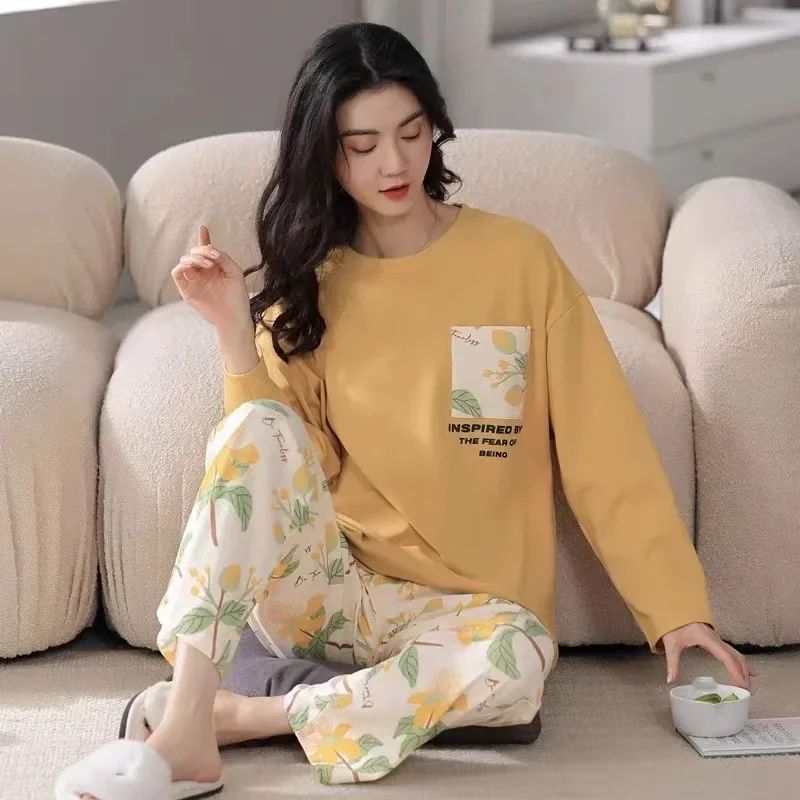 Pyjamas Set for Women's Plus Size Student Long Sleeve Spring and Fall Loungewear Ladies Simple Loose Homewear Casual Sleepwear
