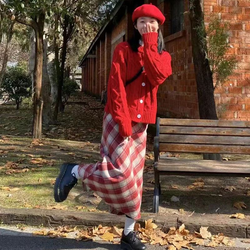 2025 Autumn Vintage Woolen Plaid Skirts Lady Elegant High Waist Slimming A-Line Skirt Women Korean Streetwear Slit Long Skirt