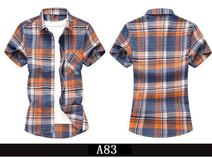 2025 new red summer men's shirts short-sleeved plaid fat big yards youth casual shirt.