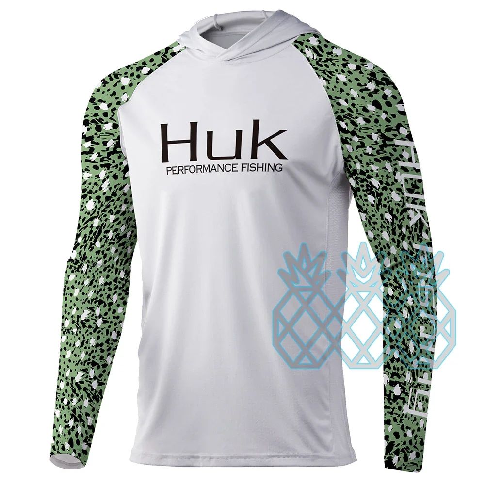 Camisas de Pesca HUK Masculina de Desempenho Manga Longa Moletom com Capuz UPF 50+ Blusas de Pesca Esportes ao Ar Livre Proteção UV Respirável Roupa de Pesca