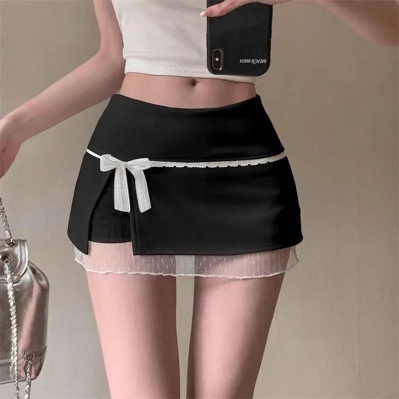 Mini Skirts Women Patchwork Lace Bow Hotsweet Summer A-Line Skirt with Safety Pants Fashion Side Slit Bodycon 2025 Lady Skirts