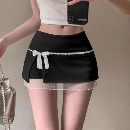 Mini Skirts Women Patchwork Lace Bow Hotsweet Summer A-Line Skirt with Safety Pants Fashion Side Slit Bodycon 2025 Lady Skirts