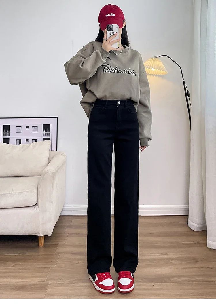 Winter Thickened Women's Mink Velvet Jeans Loose Straight Warm Soft Fleece Fashion Elastic High Waist Female Pants Black Blue