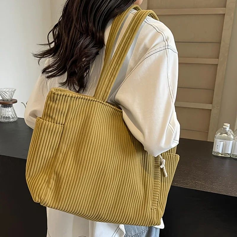 Casual Corduroy Handbag with Zipper Closure Light and Large Capacity Fixed Shoulder Strap Solid Color Daily Commuter Handbag
