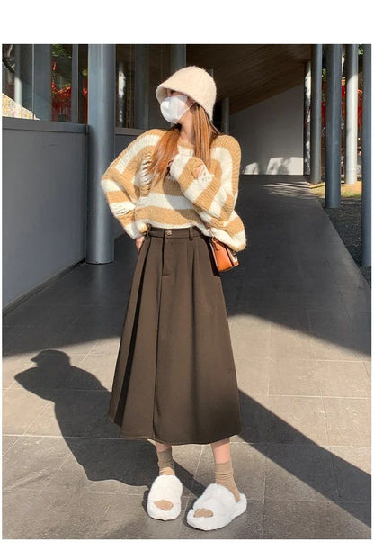 High Waist Plus Size Women Skirt Spring Women Clothing High Waist Hepburn Style Mid-Length A-Line Skirt New Casual Solid Skirts