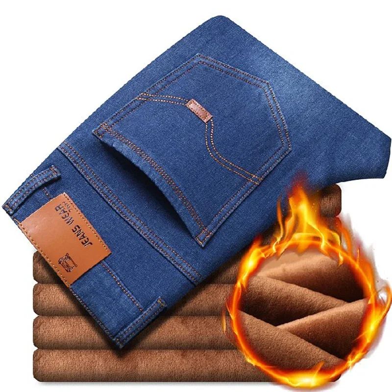 Men New Winter Warm Jeans Male Fleece Lined Thickened Denim Pants Loose Straight Cold Protection Casual Breathable Trousers