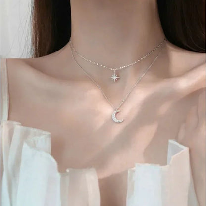 Colar de Prata 925 Feminino Camada Dupla Zircônia Estrela Lua Pingente Colar Delicado Corrente Charmosa Joia Elegante Presente da Moda