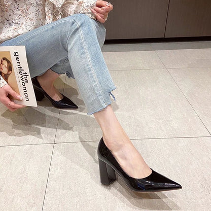 Women Shoes Patent Leather Slip-On Chunky Heels High Heels Women Temperament Pointed Toe Shallow Sexy Wedding Shoes Pumps