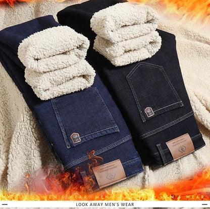 Calça Jeans Masculina de Inverno Forrada de Lã Grossa Sherpa Casual de Negócios Veludo Reta Masculina de Lã Pelúcia Clássica Elástica